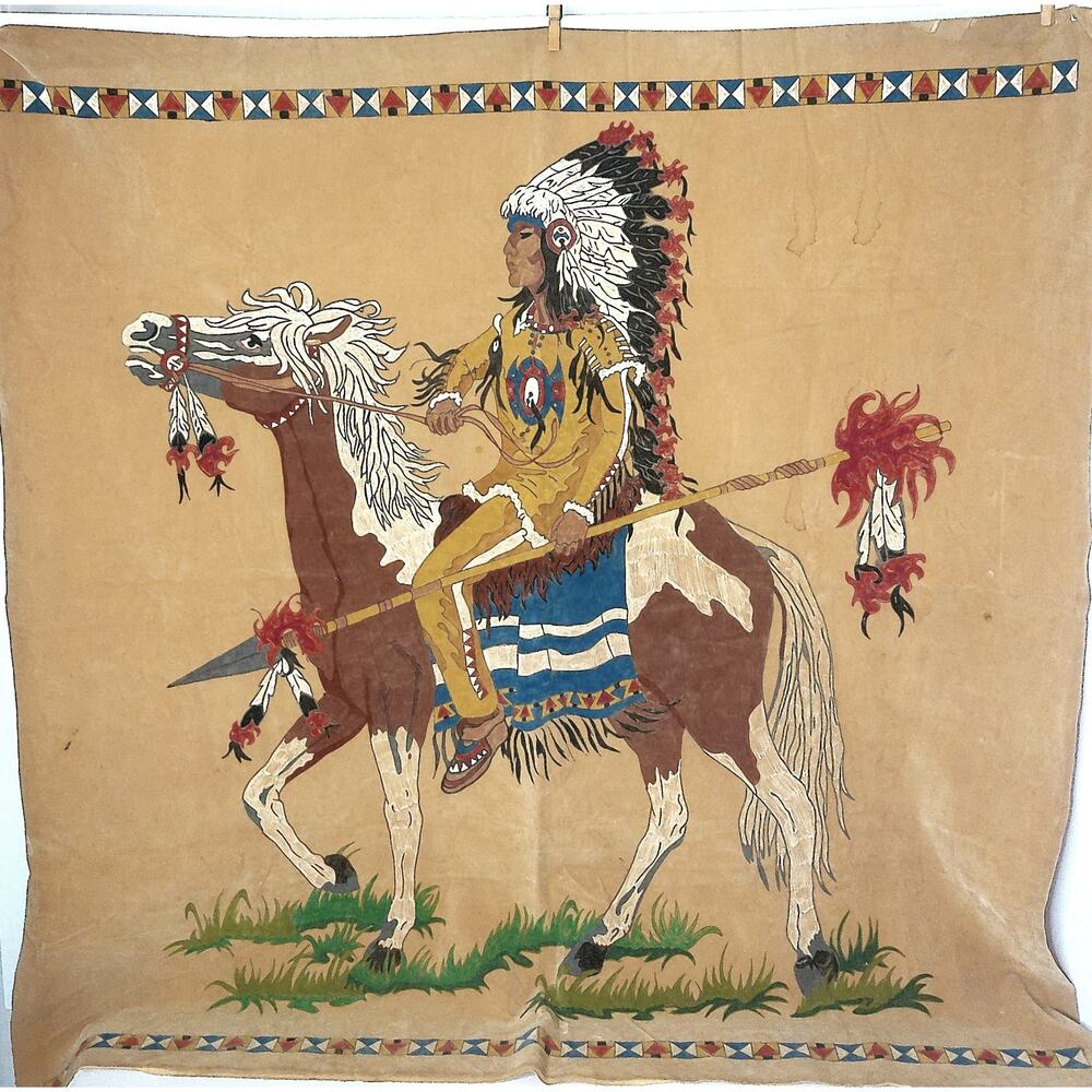 Vtg Native American Indian Chief Warrior Horseback Painted Felt Wall Art READ